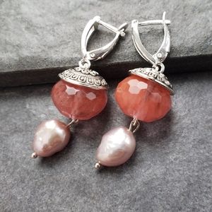 Watermelon Quartz Pearl Dangle Earrings